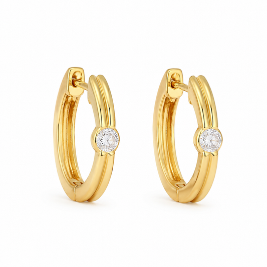 Solitaire Bezel Hoop Earrings S925 Gold Women's