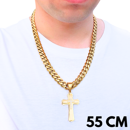 SET - Gold Cuban Chain 12mm + Royal Cross Pendant Gold