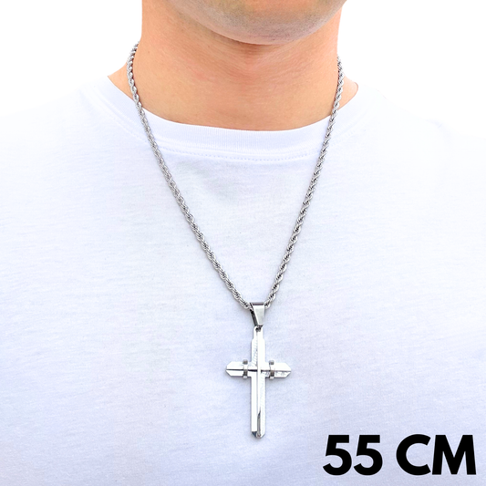 SET - Rope Chain 4mm + Modern Cross Pendant White Gold