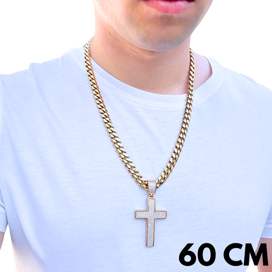 SET - Gold Cuban Chain 10mm + Unbroken Cross Pendant Gold