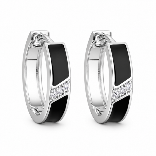 Earrings Black Crystal Line Hoop S925 White Gold Black Women's