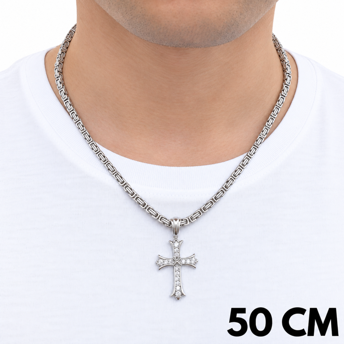 SET - White Gold Royal Chain 4mm + Grand Cross Pendant White Gold