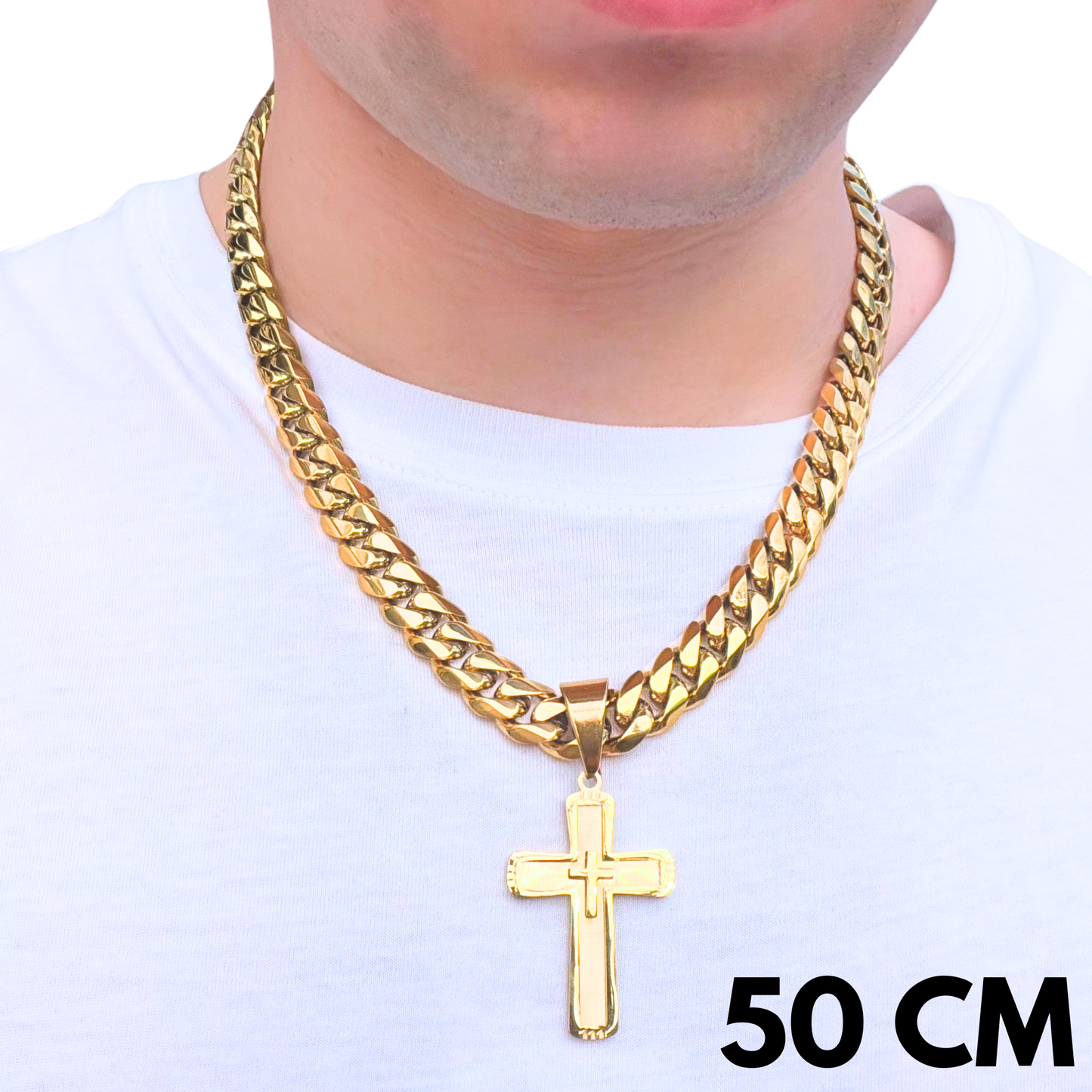 SET - Gold Cuban Chain 12mm + Monarch's Cross Pendant Gold