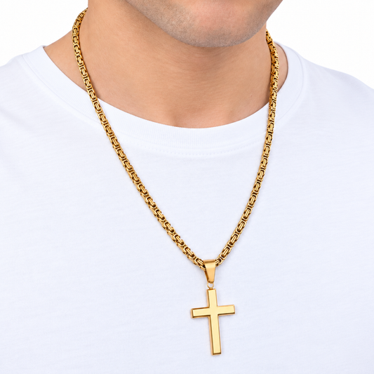 SET - Gold Royal Chain 4mm + Clean Cross Pendant Gold