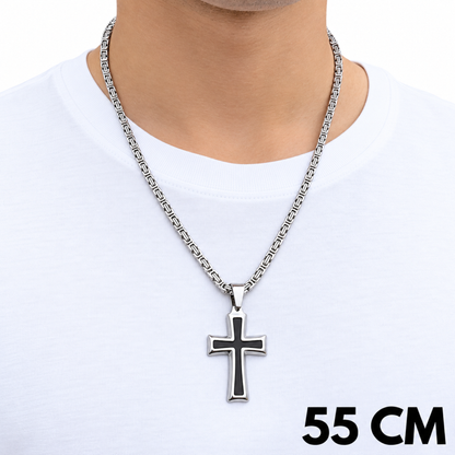 SET - Royal Chain 4mm + Black Cross Pendant White Gold