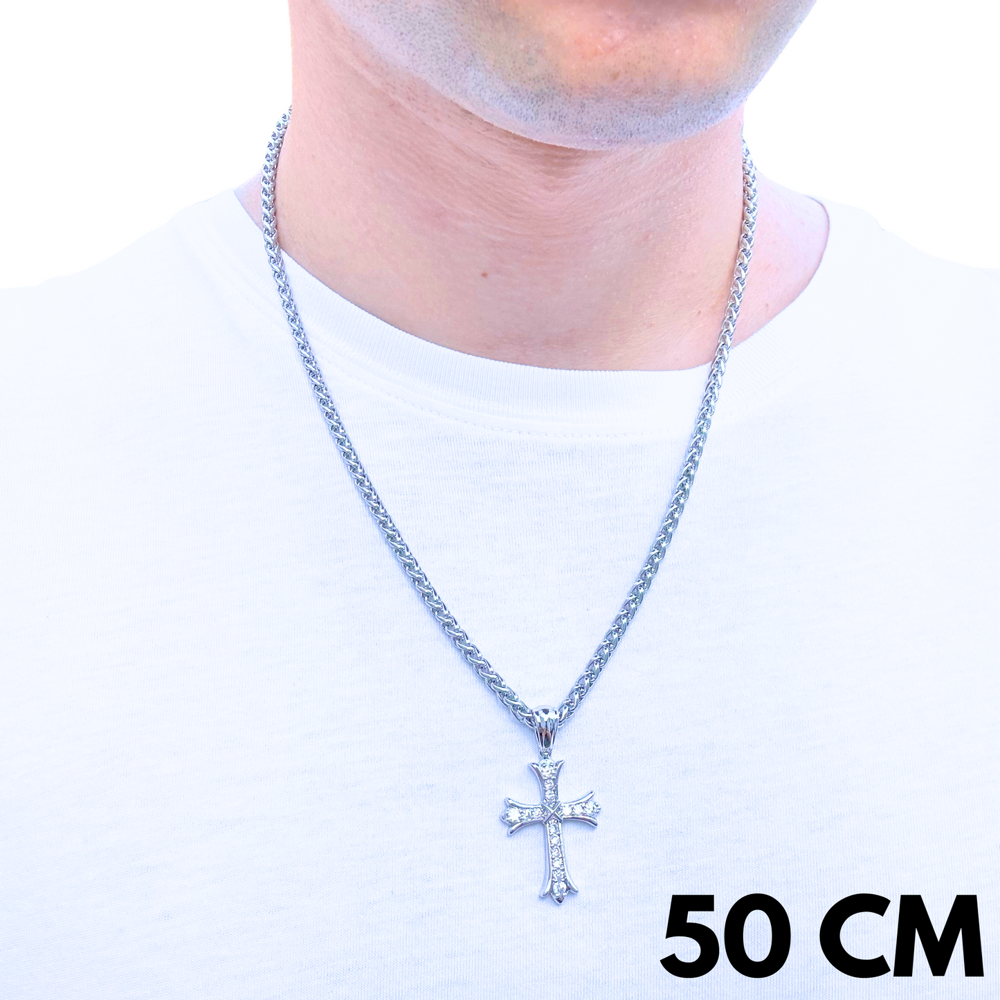 SET - Wheat Chain 4mm + Grand Cross Pendant White Gold