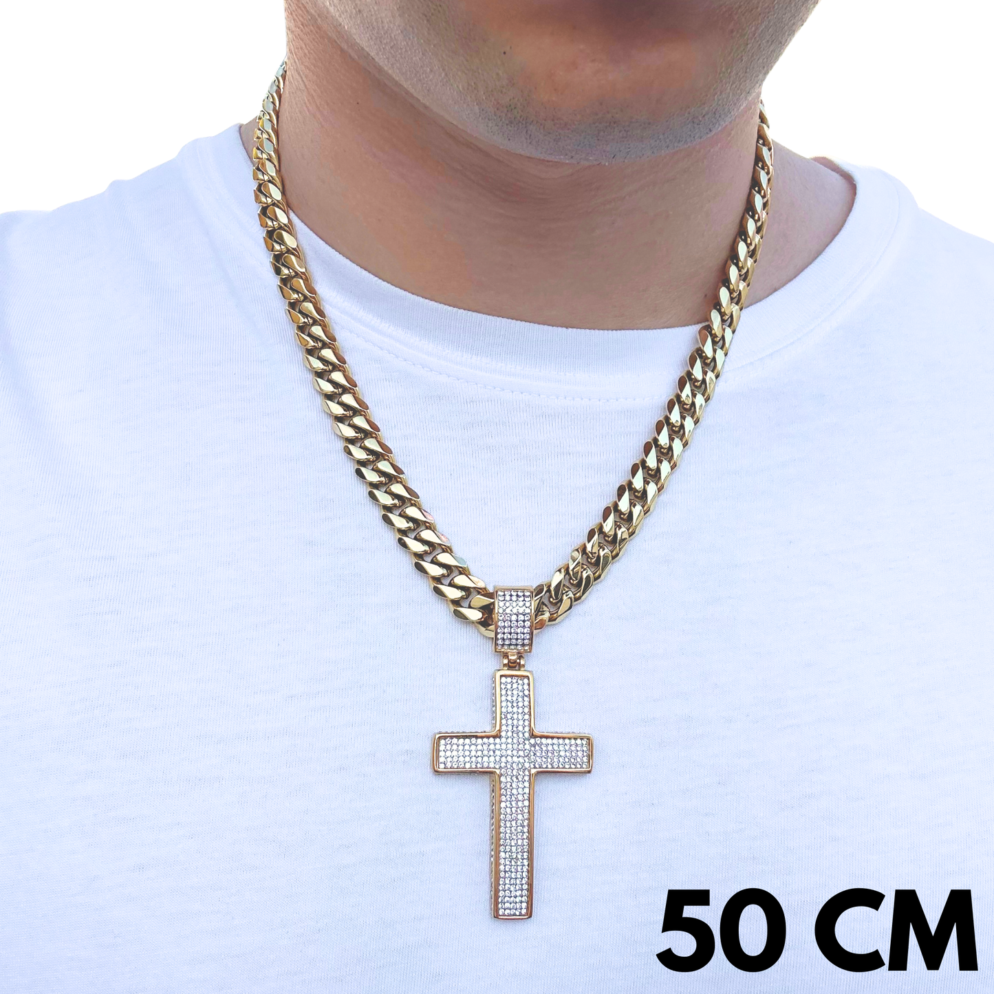 SET - Gold Cuban Chain 10mm + Unbroken Cross Pendant Gold