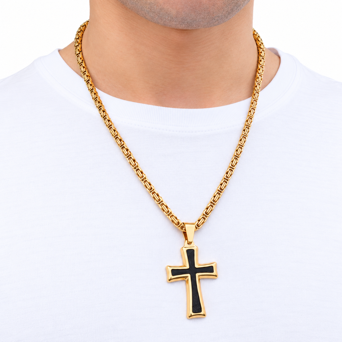 SET - Gold Royal Chain 4mm + Black Cross Pendant Gold