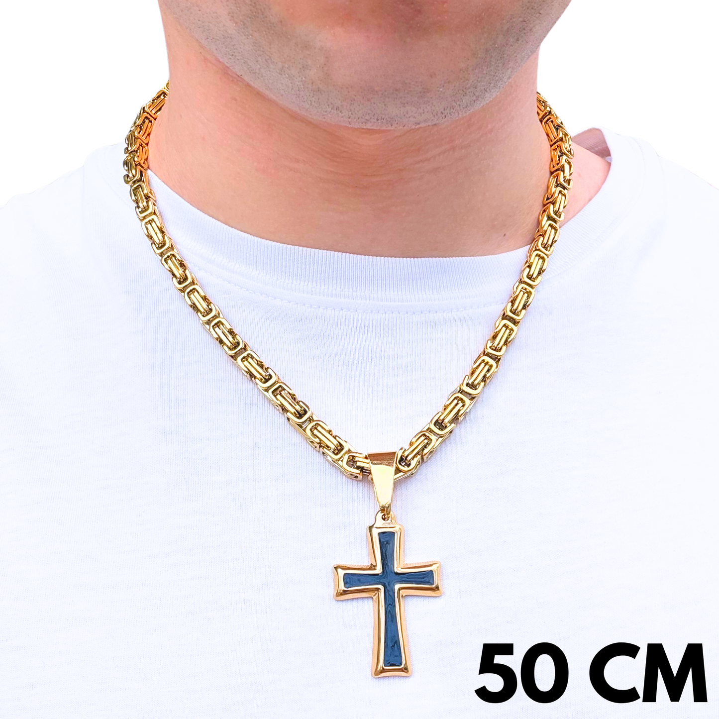 SET - Gold Royal Chain 6mm + Black Cross Pendant Gold
