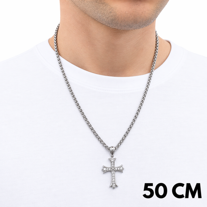 SET - Wheat Chain 4mm + Grand Cross Pendant White Gold