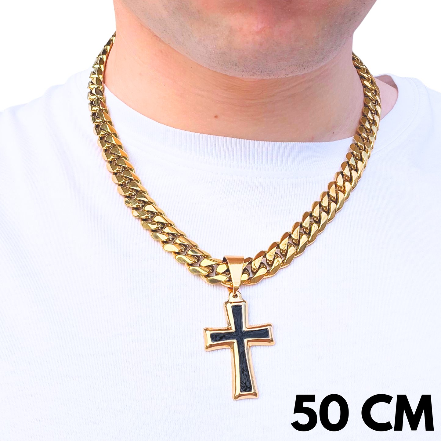 SET - Gold Cuban Chain 12mm + Black Cross Pendant Gold