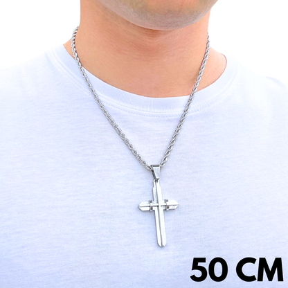SET - Rope Chain 4mm + Modern Cross Pendant White Gold