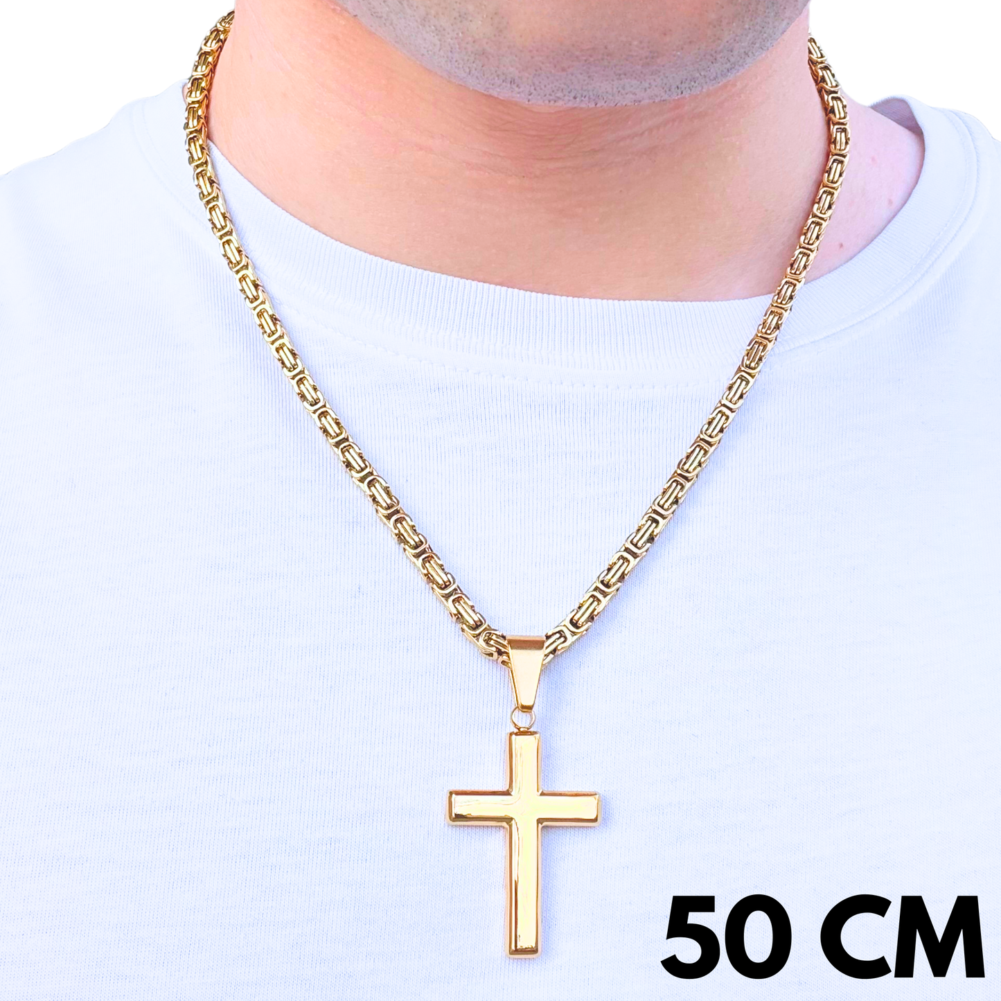 SET - Gold Royal Chain 4mm + Clean Cross Pendant Gold