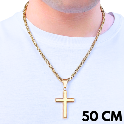 SET - Gold Royal Chain 4mm + Clean Cross Pendant Gold