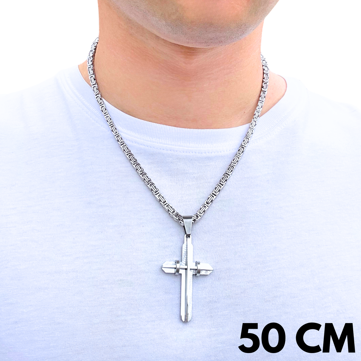 SET - Royal Chain 4mm + Modern Cross Pendant White Gold