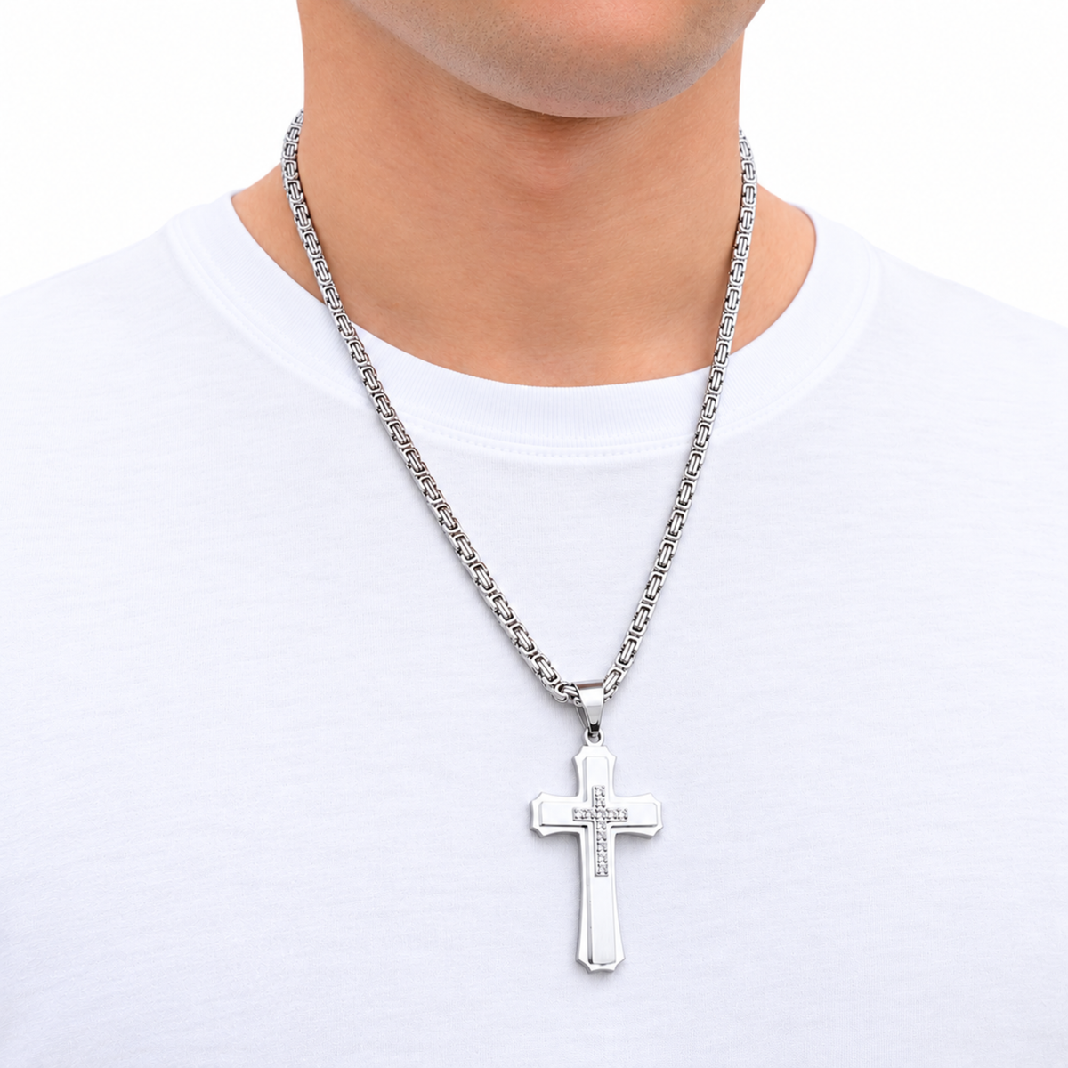 SET - Royal Chain 4mm + Royal Cross Pendant White Gold
