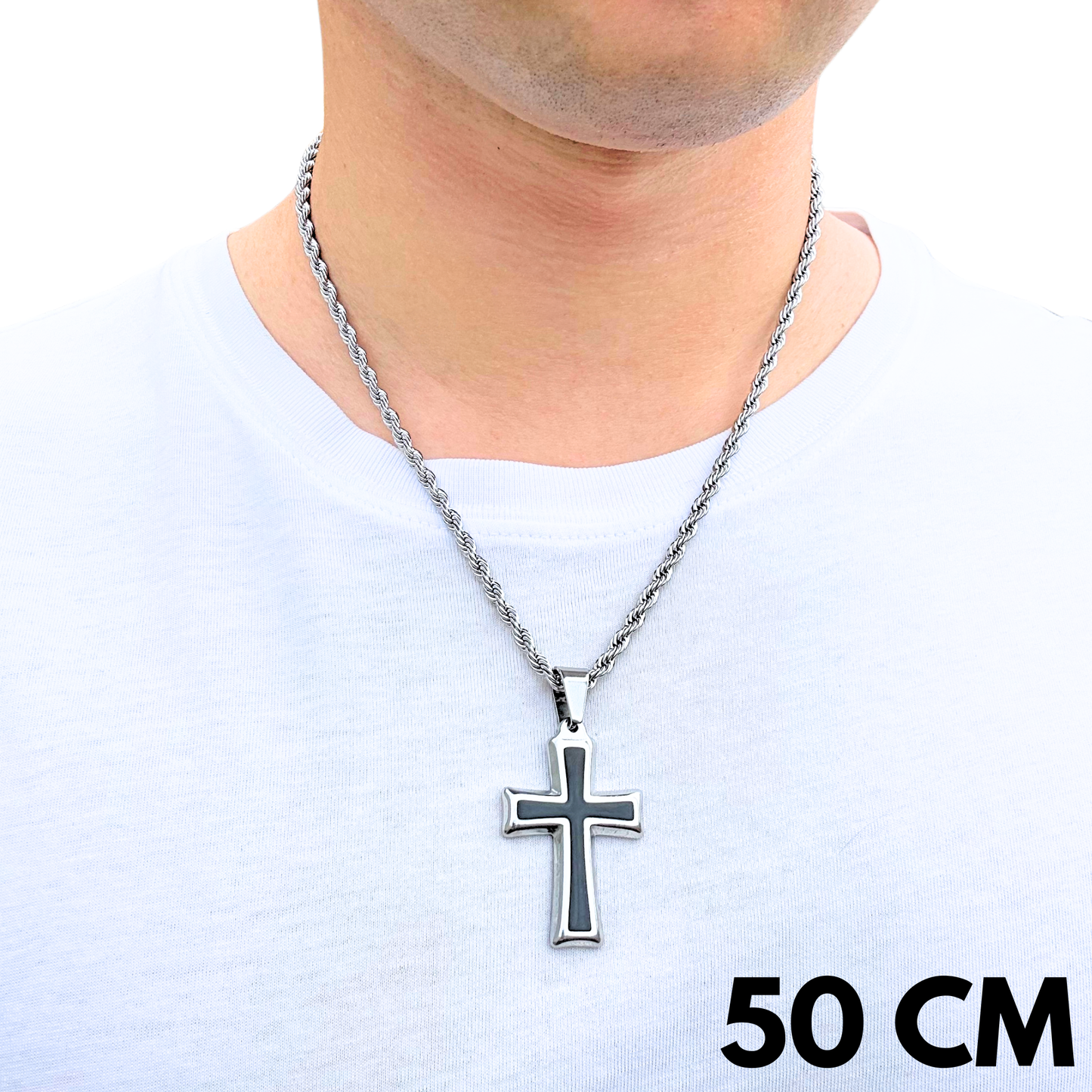 SET - Rope Chain 4mm + Black Cross Pendant White Gold