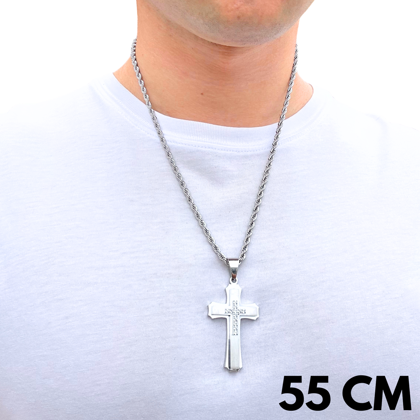 SET - Rope Chain 4mm + Royal Cross Pendant White Gold