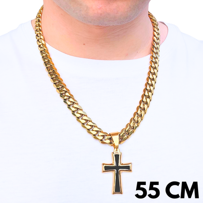SET - Gold Cuban Chain 12mm + Black Cross Pendant Gold