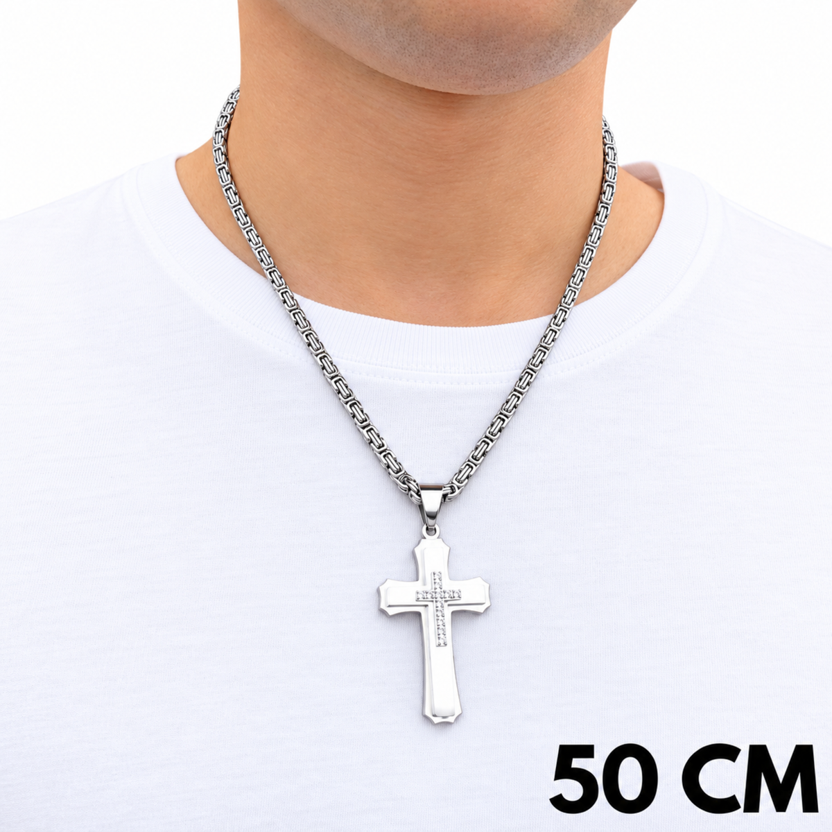 SET - Royal Chain 4mm + Royal Cross Pendant White Gold