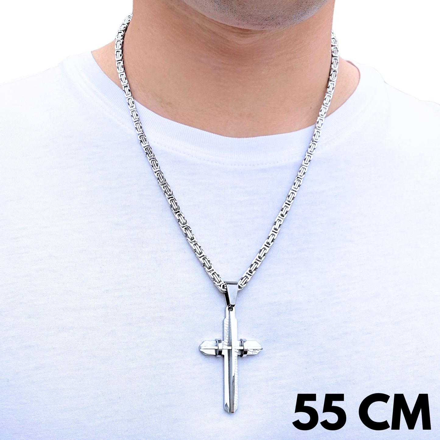 SET - Royal Chain 4mm + Modern Cross Pendant White Gold