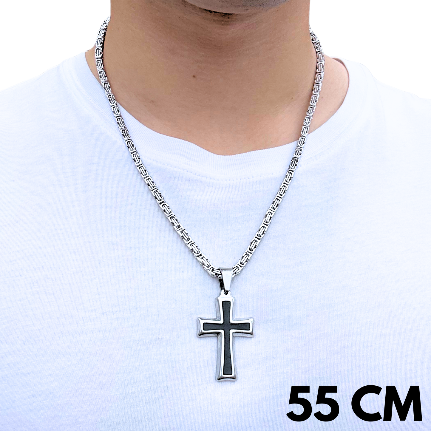 SET - Royal Chain 4mm + Black Cross Pendant White Gold