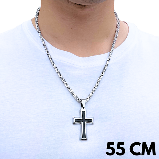 SET - Royal Chain 4mm + Black Cross Pendant White Gold