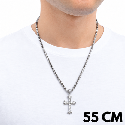 SET - Wheat Chain 4mm + Grand Cross Pendant White Gold