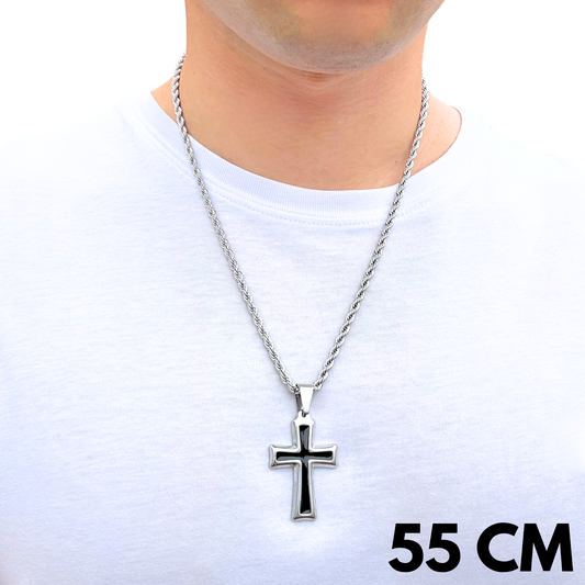 SET - Rope Chain 4mm + Black Cross Pendant White Gold