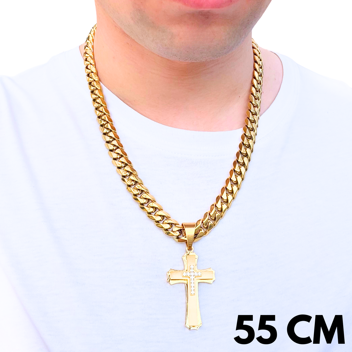 SET - Gold Cuban Chain 12mm + Royal Cross Pendant Gold