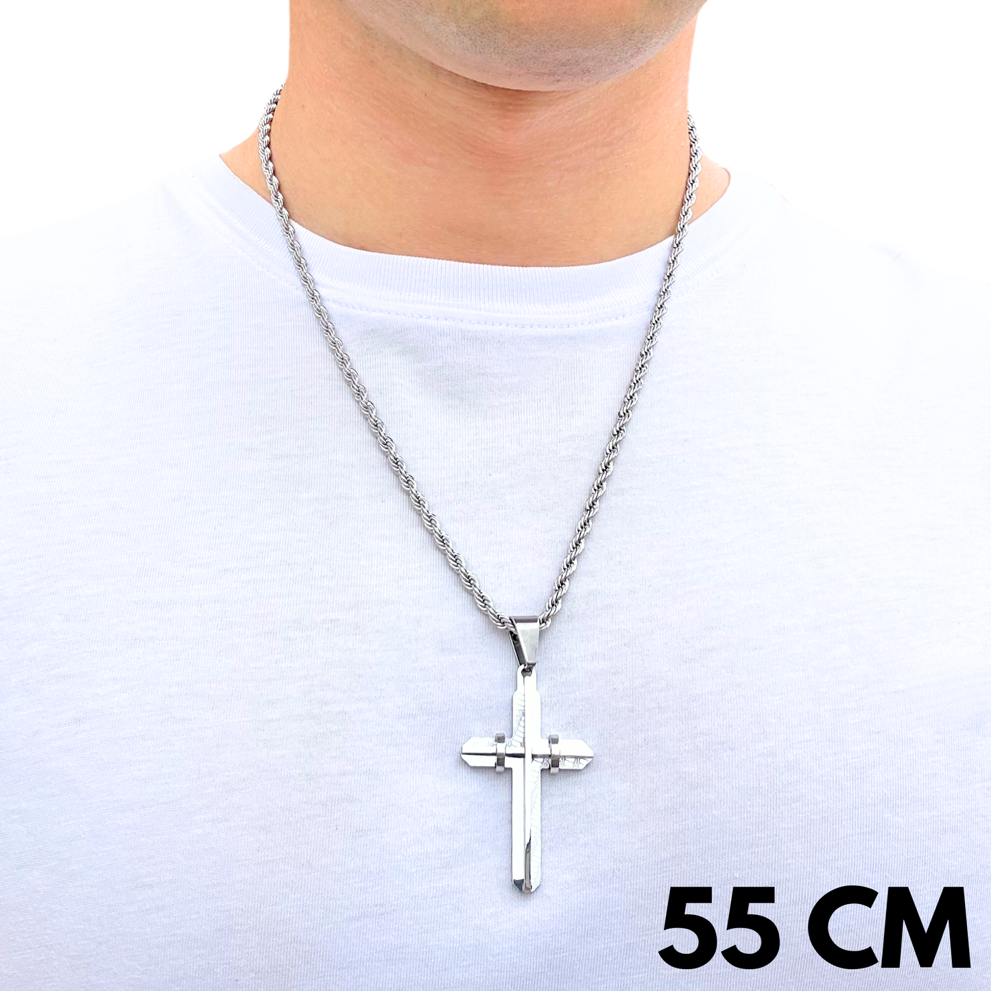 SET - Rope Chain 4mm + Modern Cross Pendant White Gold