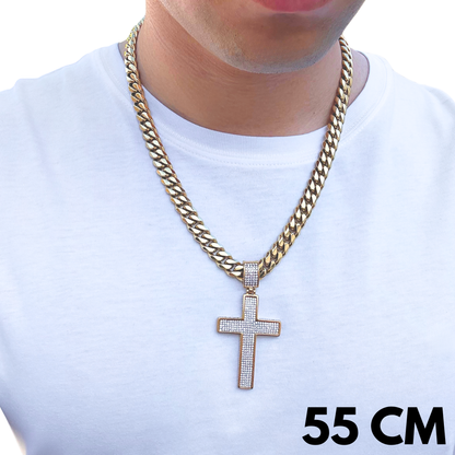 SET - Gold Cuban Chain 10mm + Unbroken Cross Pendant Gold