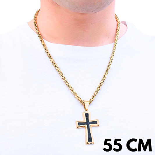 SET - Gold Royal Chain 4mm + Black Cross Pendant Gold