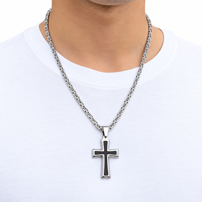 SET - Royal Chain 4mm + Black Cross Pendant White Gold
