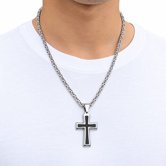 SET - Royal Chain 4mm + Black Cross Pendant White Gold