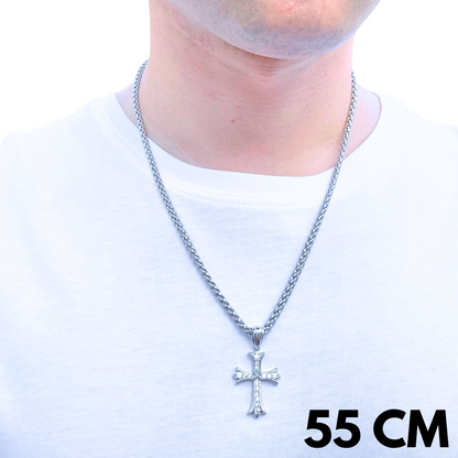 SET - Wheat Chain 4mm + Grand Cross Pendant White Gold