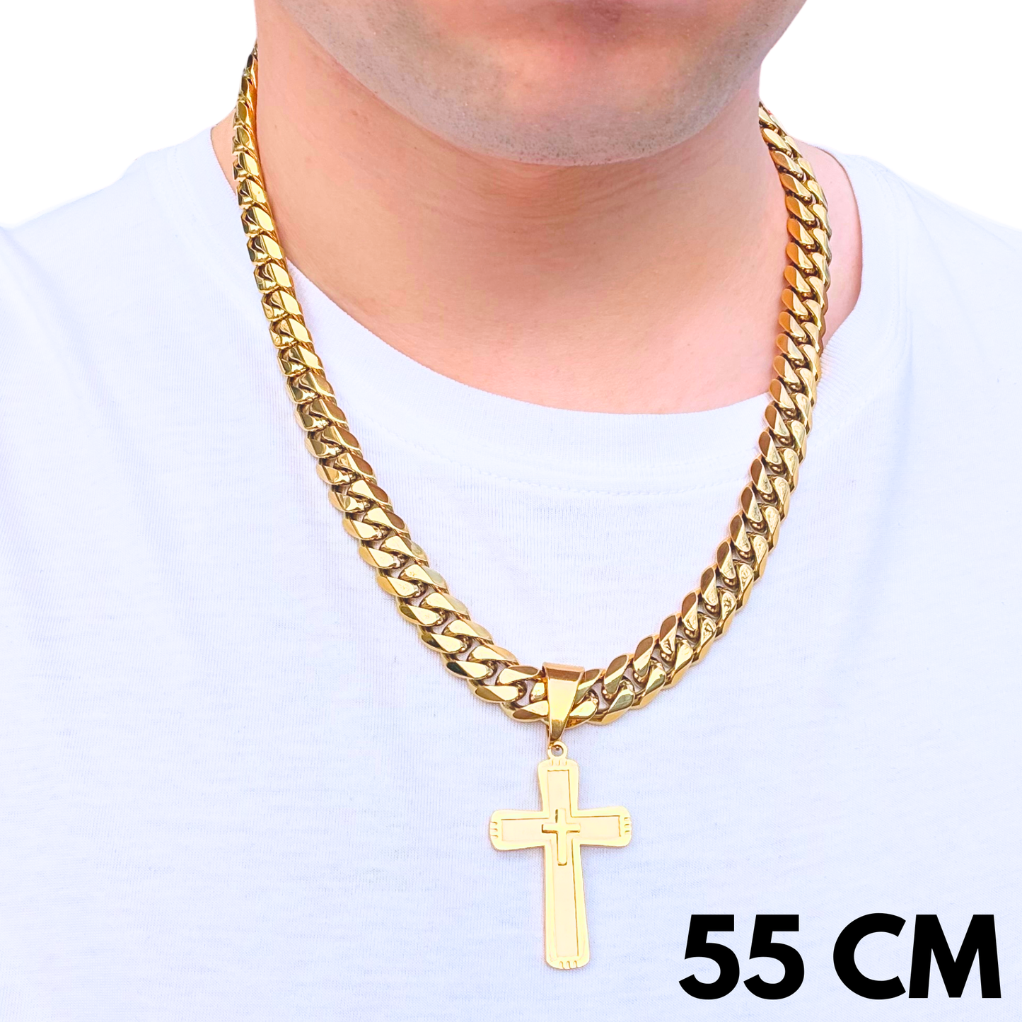 SET - Gold Cuban Chain 12mm + Monarch's Cross Pendant Gold