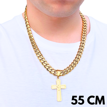 SET - Gold Cuban Chain 12mm + Monarch's Cross Pendant Gold