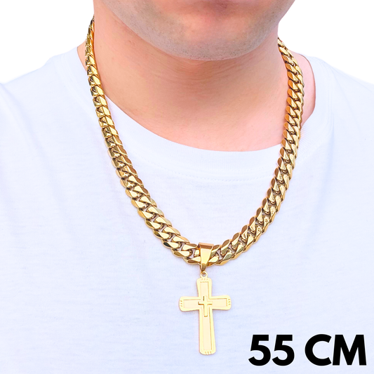 SET - Gold Cuban Chain 12mm + Monarch's Cross Pendant Gold
