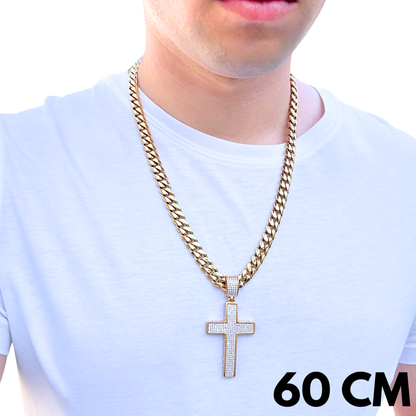 SET - Gold Cuban Chain 10mm + Unbroken Cross Pendant Gold