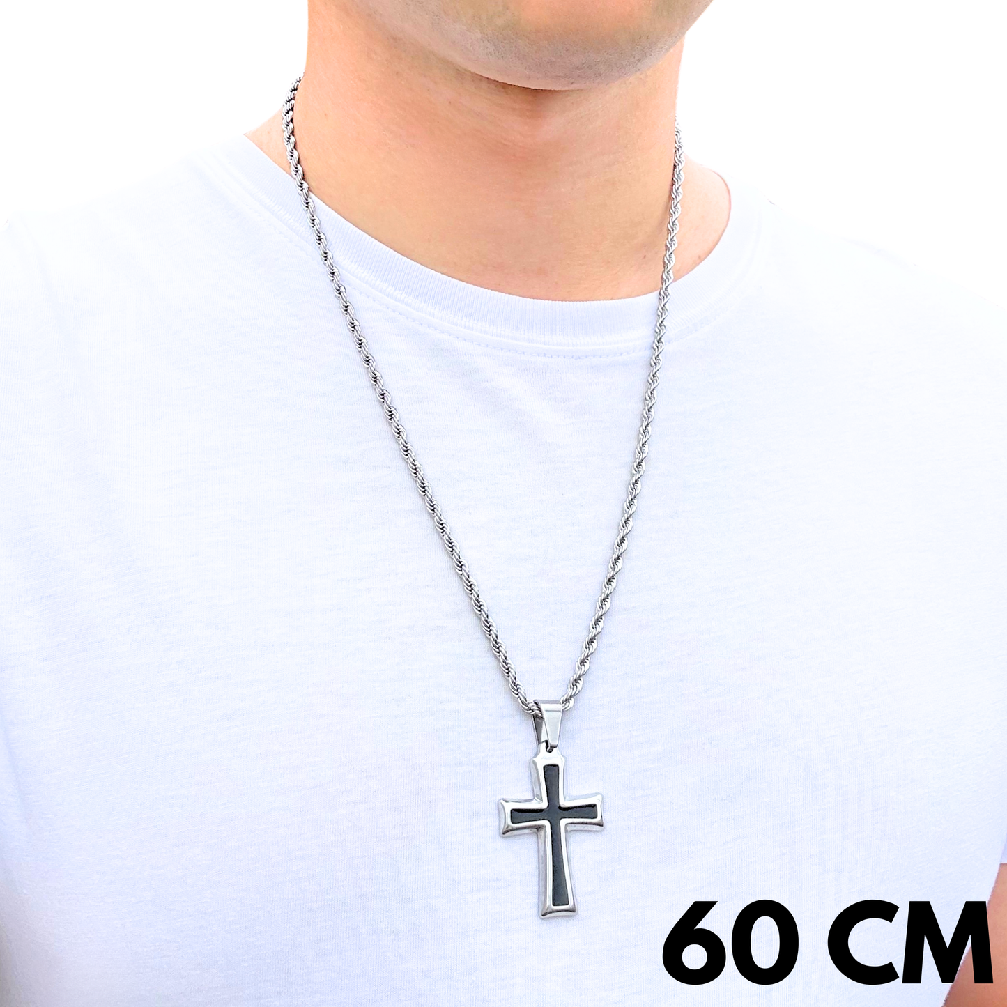 SET - Rope Chain 4mm + Black Cross Pendant White Gold