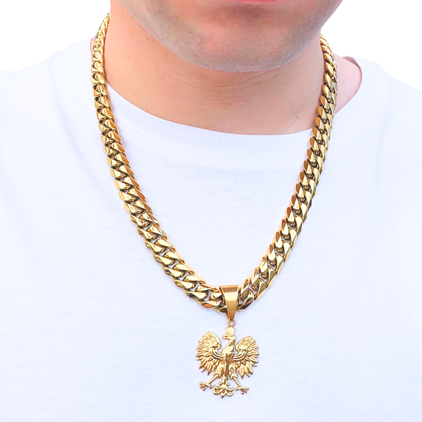 SET - Gold Cuban Chain 12mm + Eagle Pendant Gold