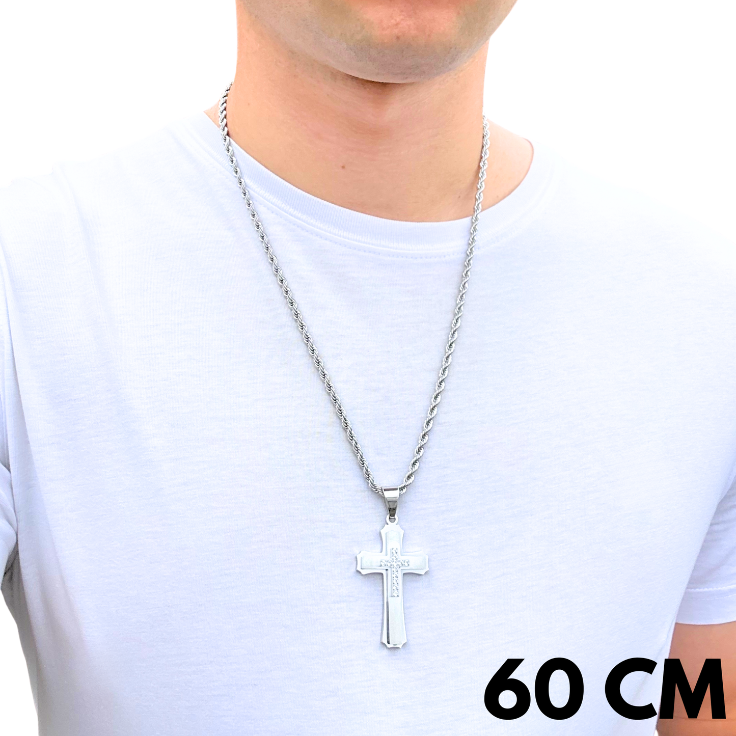 SET - Rope Chain 4mm + Royal Cross Pendant White Gold