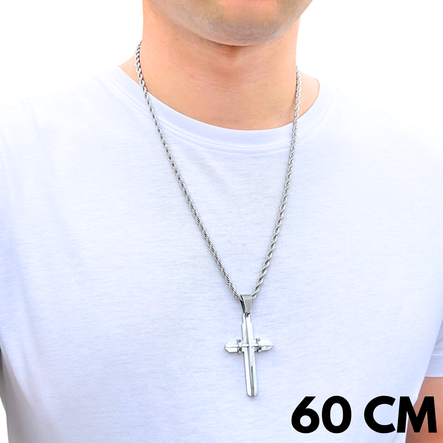 SET - Rope Chain 4mm + Modern Cross Pendant White Gold