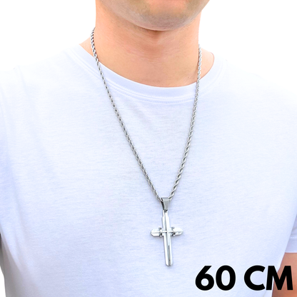 SET - Rope Chain 4mm + Modern Cross Pendant White Gold