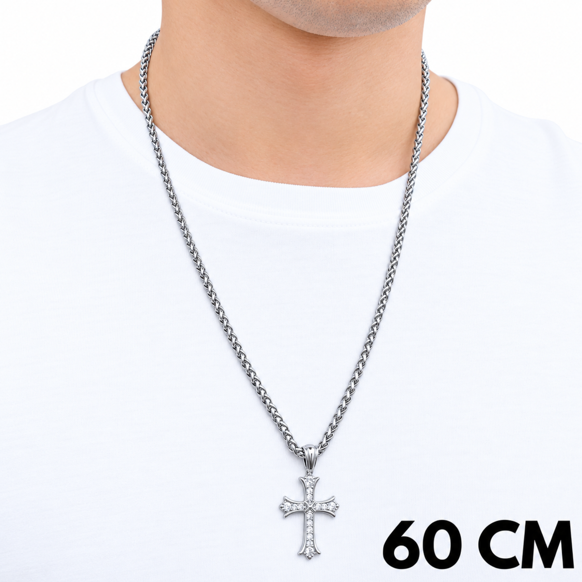 SET - Wheat Chain 4mm + Grand Cross Pendant White Gold