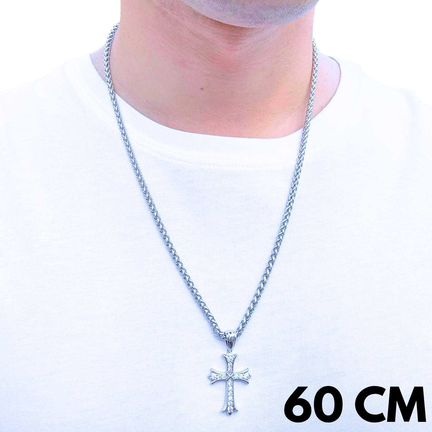 SET - Wheat Chain 4mm + Grand Cross Pendant White Gold