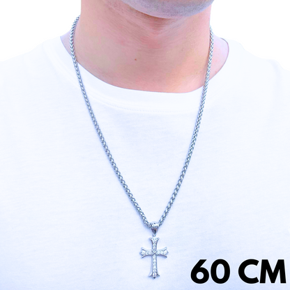 SET - Wheat Chain 4mm + Grand Cross Pendant White Gold