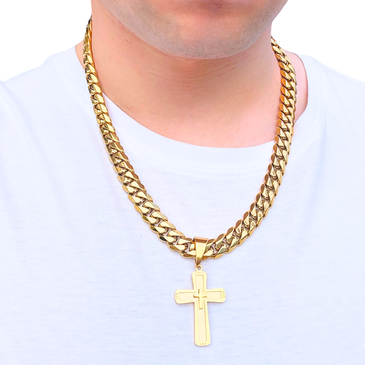 SET - Gold Cuban Chain 12mm + Monarch's Cross Pendant Gold