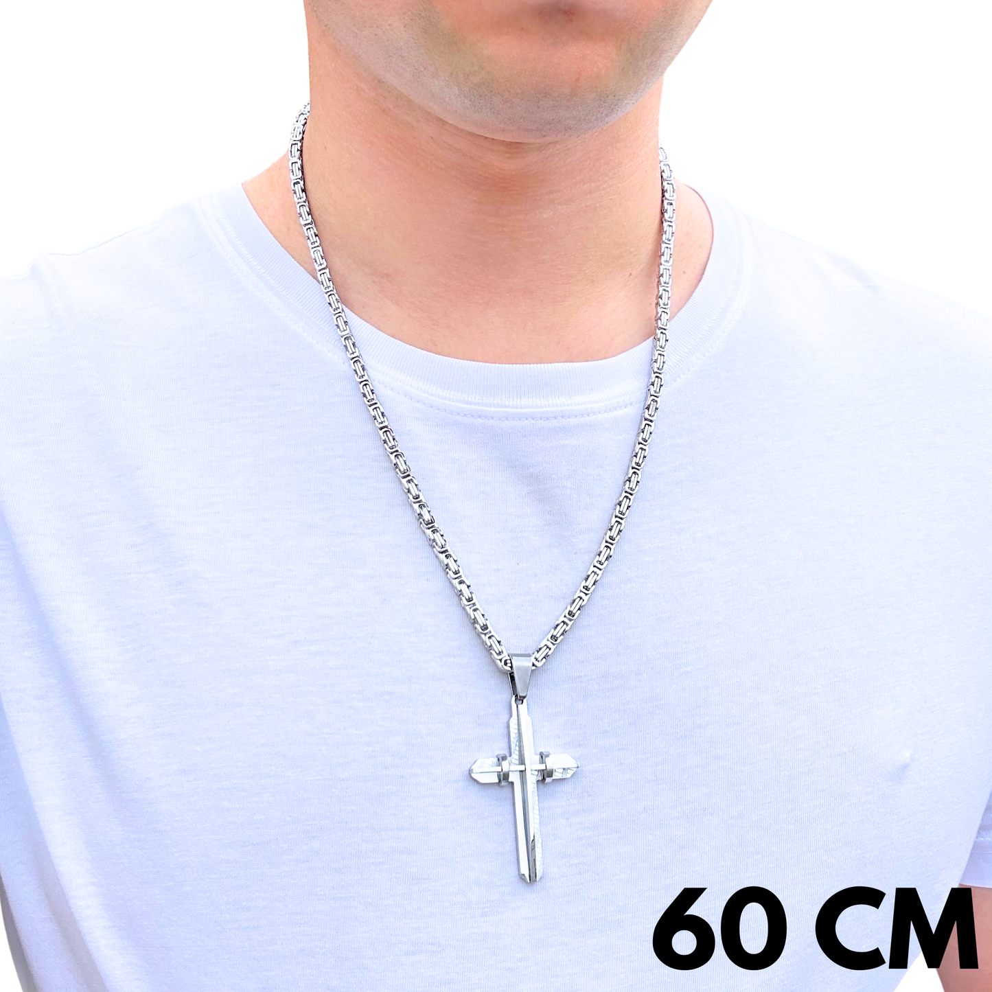 SET - Royal Chain 4mm + Modern Cross Pendant White Gold